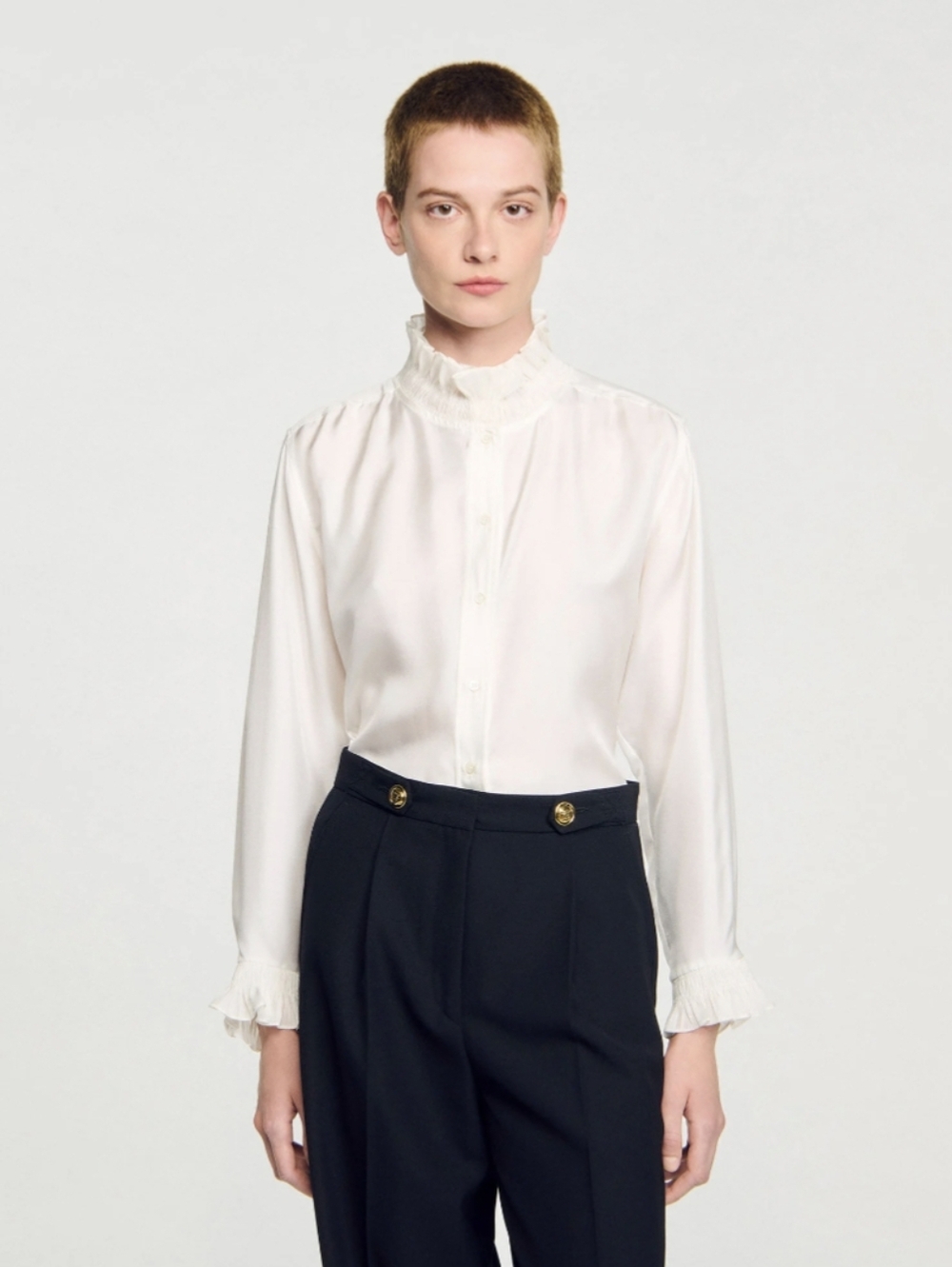 NWT Sandro Silk Gathered Collar Blouse | White | Long Sleeve | Size Medium (2) - Picture 7 of 7